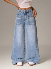 SHEIN PETITE 女士时尚口袋拉链百搭宽松阔腿牛仔裤 - 藍色 - 查看 6