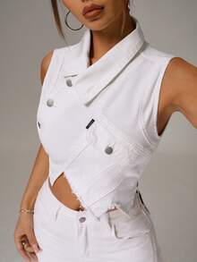 SHEIN PETITE Women's Asymmetrical Design Denim Jacket - White - View 3
