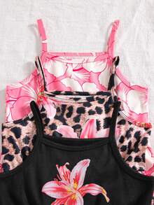 SHEIN Elladie kids 3件套女童夏季新款2025碎花印花及纯色连体短裤套装，简约时尚度假风 - 彩色 - 查看 5