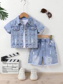 Setelan Denim Anak Laki-Laki Musim Panas Terbaru Biru Muda Pudar dengan Efek Usang, Jaket Lengan Pendek & Celana Pendek 2 Potong, Pakaian Sekolah Retro Katun Premium untuk Balita - Light Wash - View 1