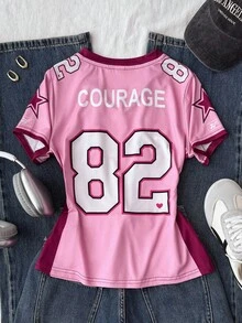 Áo thun nữ tuổi teen mùa hè mới, màu hồng, cổ chữ V, in chữ và số, tay ngắn, ôm dáng, thời trang thể thao. - Hồng - Xem 2