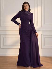 Modelyn Women's Mandarin Collar Faux Pearl Embellished Long Evening Gown - Purple - View 2
