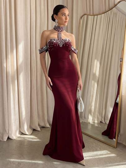 Modelyn 女士水钻装饰露肩露背美人鱼下摆正式晚礼服（大量装饰）