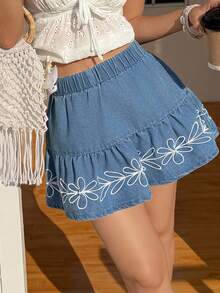 Sunnyshic Women's Elastic Waist Floral Embroidery Pattern Casual Versatile Daily Wear Washed Denim Mini Skirt - Light Wash - View 1