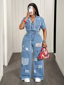 Slaydiva Women's Short Sleeve Frayed Distressed Denim Jumpsuit, Fashionable Summer - Blue - View 7
