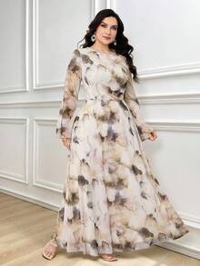 Modelyn Plus Size Women Tie-Dye Print Crew Neck Long Sleeve Elegant Maxi Dress - Apricot - View 6