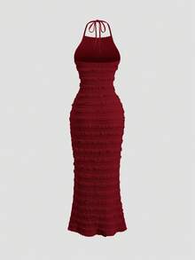 Sweetra Women's Light Yellow Pleated Spaghetti Strap Lace Maxi Dress, Romantic Sexy Resort Style, Spring/Summer - Burgundy - View 2