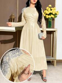 Modelyn Women's Yellow Pearl Decor Round Neck Long Sleeve Mid-Length Dress ,Spring Dresses For Women,Elegant Dress - Gold - View 2