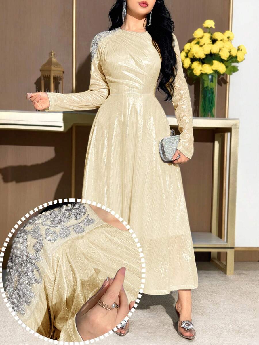 Modelyn Women's Yellow Pearl Decor Round Neck Long Sleeve Mid-Length Dress ,Spring Dresses For Women,Elegant Dress