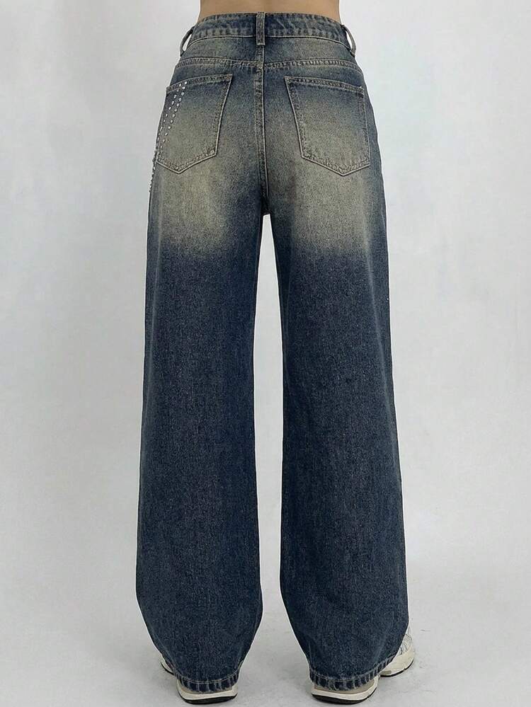Women's Loose Wide Leg Jeans, Western Cowgirl Style, Distressed Wash, Rhinestone Decor, Casual Street Wear, Spring/Summer