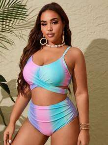 Slaydiva Plus Size Women's Gradient Color Print Cross Wrap Bust Tie Back Bikini Set Set, Beach/Resort Vacation - Pink - View 3