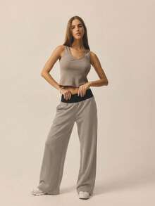 Aralina Contrast Ribbed Wide Waistband And Wide Leg Baggy Track Pants - Dark Grey - View 8