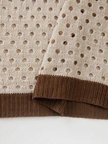SHEIN Women Summer Beige Knit Vest,V-Neck Sleeveless Openwork Two-Tone Polka Dot Eyelet Pattern,Casual Autumn ,Ribbed Hem Retro Layering Style Occasion - Khaki - View 6