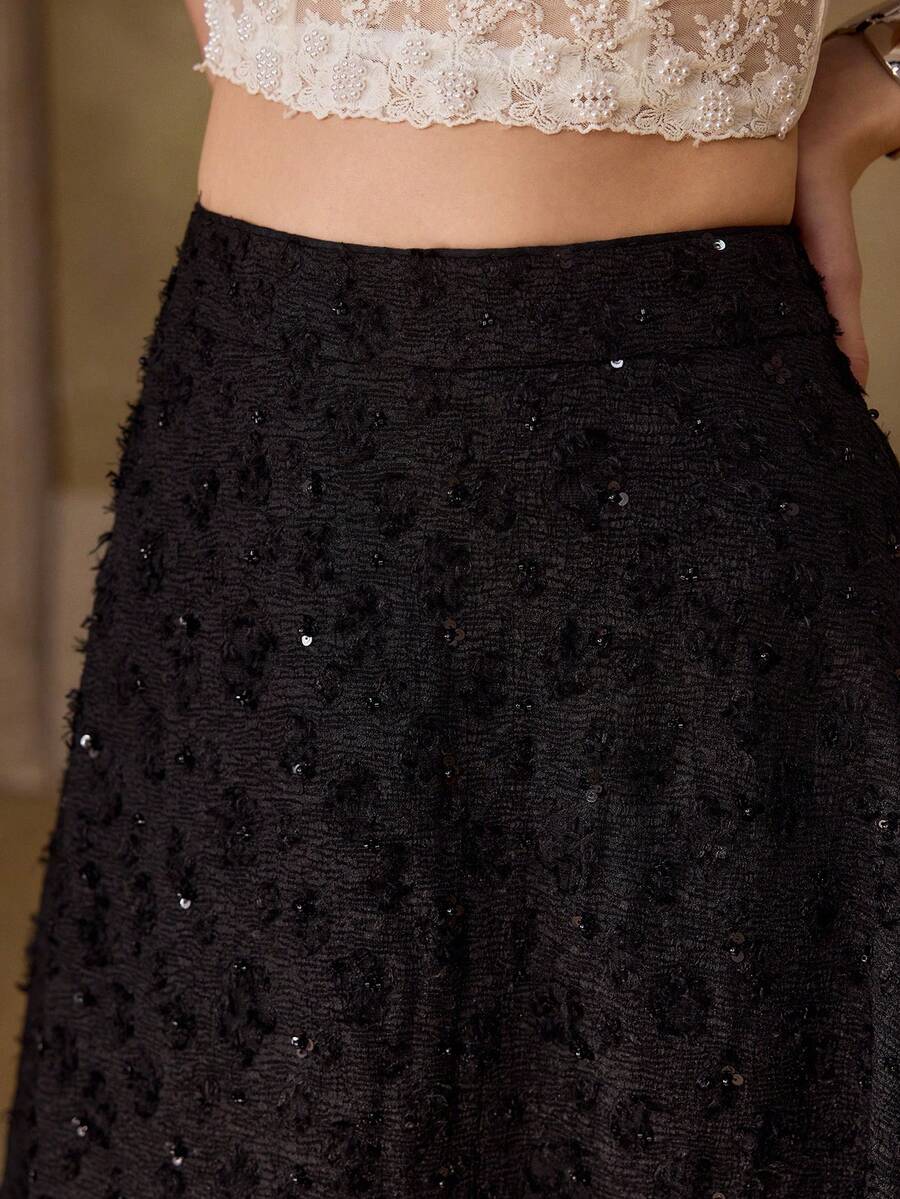 MOTF PREMIUM WOMEN'S ELEGANT CLASSY PERFORATED TEXTURE SKIRT FOR DATES DINNER, AUTUMN BLACK