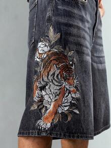 ROMWE MEN Street Life Men's Animal & Plant Embroidery Slant Pocket Casual Denim Shorts - Grey - View 7