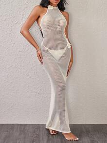 Swim Chiccia Vestido elegante de verano con espalda descubierta hecho a mano a ganchillo para mujeres - Albaricoque - Ver 5