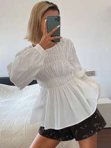 DAZY Women's Round Neck Waist Gathered A-Line Long Sleeve Blouse - White - View 4