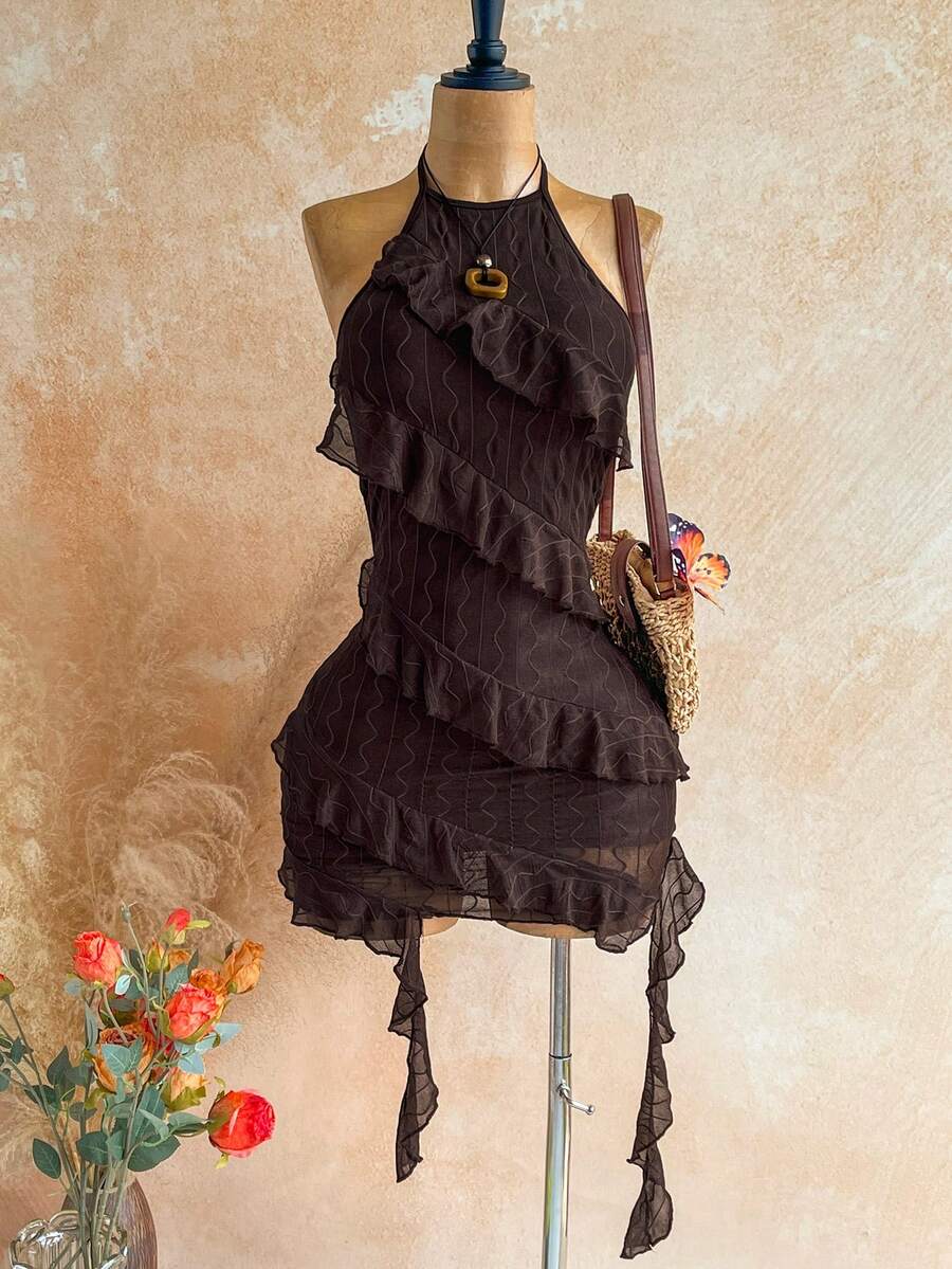 Soleia Women's Solid Color Ruffle Neck Sleeveless Fitted Mini Dress, Summer,Summer Dresses For Women,Party Dresses For Women - Brown - View 1