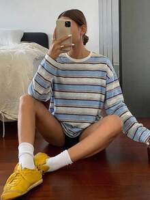Camiseta de manga larga y cuello redondo holgada con rayas para mujer, ropa de otoño - Gris Claro - Ver 4