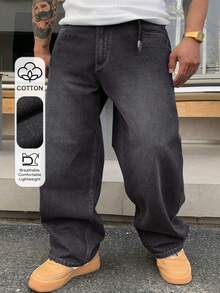 DAZY Spring & Autumn Solid Black Washed Vintage Plus Size Men's Jeans - Black - View 1