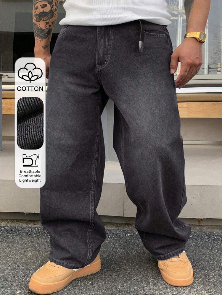 Spring & Autumn Solid Black Washed Vintage Plus Size Men's Jeans