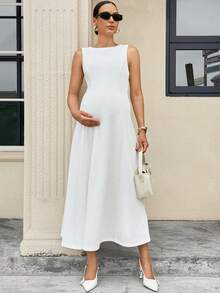 MaterniWear Đầm dài không tay cổ tròn màu trơn, thiết kế tối giản, thanh lịch dành cho bà bầu mùa hè. - trắng - Xem 5