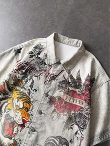 ROMWE MEN Men's Casual Tiger Print Button-Front Washed Denim Short Sleeve Shirt, Summer - Grey - View 3