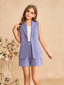 SHEIN 3件組夏季套裝：紫色串珠背心、優雅短褲與細肩帶背心套裝，適合8至12歲前青春期女孩的時尚茶會服裝 - 紫色 - 查看 3
