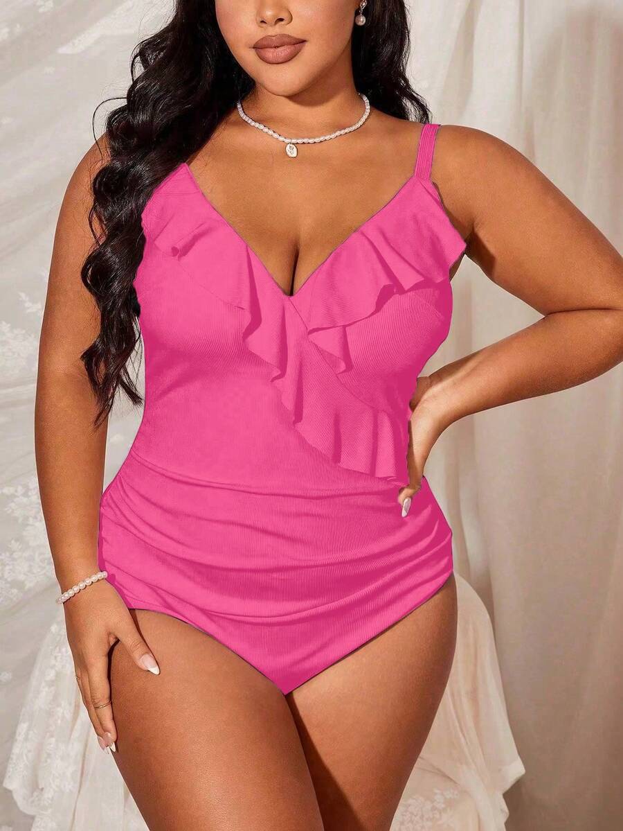 Swim Lushoire Plus Size Women Solid Color Minimalist Daily Wear Ruffle Trim Bodysuit - Hot Pink - View 1
