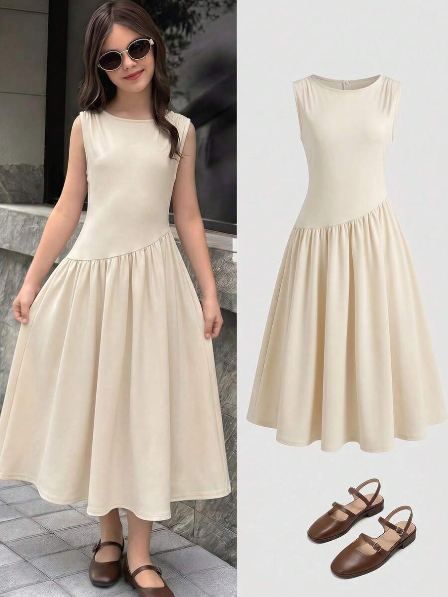 SHEIN Tween Girl Knit Apricot Casual Round Neck Dress - Apricot - View 1