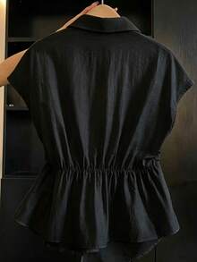 SHEIN Franclia 女士时尚优雅不对称下摆蝴蝶结衬衫 - 黑色 - 查看 2