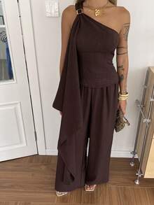DAZY Women's Solid Color Minimalist Daily Wear Off-Shoulder Top And Pants 2-Piece Set, Spring/Summer - Coffee Brown - View 3