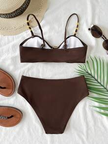 SHEIN Conjunto de traje de baño casual, versátil y cómodo con decoración de concha de metal para niña preadolescente - Café integral - Ver 2