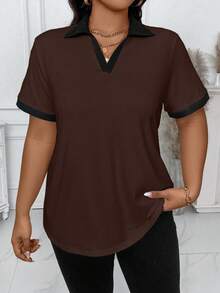 SHEIN CURVE+ 大码女式休闲通勤户外百搭撞色短袖T恤，春夏款 - 咖啡棕 - 查看 5