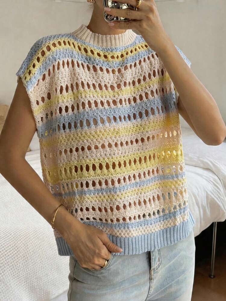 Hollow See-Through Yellow Vacation Short Sleeve Women Knit Top