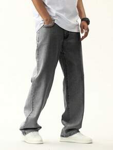Manfinity Hypemode Men's Casual Pocketed Zip-Up Relaxed Fit Long Denim Jeans - Light Grey - View 5