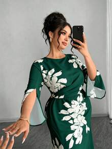 Elenzga Đầm maxi cỡ lớn dành cho nữ, thanh lịch, tối giản, thích hợp mặc đi làm hàng ngày, hẹn hò, dự tiệc, gợi cảm, xẻ tà ở cổ tay, ôm sát, màu mơ, họa tiết hoa đen. - Màu xanh lá cây đậm - Xem 3