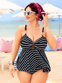 Swim Lushoire Plus Size Striped Chain Detail Tankini 2 Pieces Set, Essential For Summer Vacation Beach Gym Travel - Multicolor - View 1