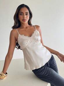 Aloruh Women's Elegant Sexy Lace Patchwork Satin Camisole,Summer Top - Champagne - View 6