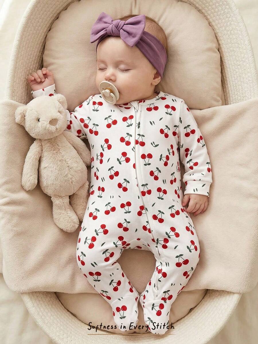 Cozy Pixies Newborn Baby Girl Cartoon Fruit Pattern Knitted Soft Round Neck Long Sleeve Romper - White - View 1