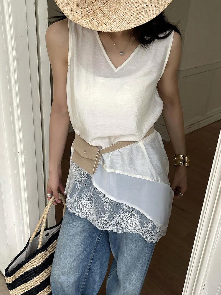 Women's V-Neck Loose Lace Patchwork Sleeveless Tank Top, Sweet White, Spring & Summer