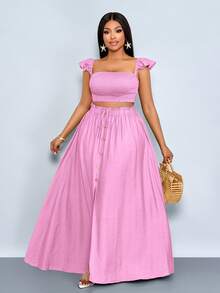 SOLERSUN Plus Size Women's Vacation Romantic Elegant Linen-Like Off Shoulder Small Flying Sleeves Crop Top And A-Line Center Front Slit Maxi Skirt Suit, Women Two Pieces Outfits,Casual Daily Wear,Suitable For Daily Dressing, Shopping, Dating, And Island Vacations,Quiet Luxury Vacation - Pink - View 3