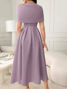 Modelyn Asymmetrical Neck Rhinestone Decor Pleated Elegant Dress For Women - Mauve Purple - View 3