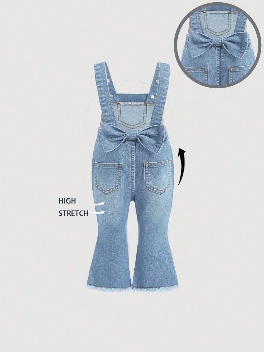 SHEIN بناطيل جينز زرقاء للبنات الصغيرات مع أربطة فراشة وقصة واسعة - أزرق فاتح - مشاهدة 1