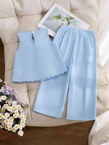 Elladie kids Young Girl' Minimalist Chic Solid White 3D Floral Pleated Sleeveless Top Paired With Loose Straight Leg Pants Set, Lively Daily Wear For Spring/Summer Young Girls Clothing Sets Little Girl Outfit Sets Kids Clothes Kids Formal Outfits For Girls Girls Pleated Tops Kids Beach Outfit Kids Summer Fashion - Blue - View 2