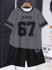 2pcs/Set Teen Boys Black Summer Streetwear Beach Back-To-School Collegiate Style Numeric 67 Colorblock Round Neck T-Shirt And Shorts Set,Casual Wear - Multicolor - View 2