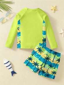 SHEIN Phong cách tối giản thường ngày, dễ thương, họa tiết tinh nghịch, màu xanh dương, cây nhiệt đới, không gian nghỉ dưỡng, thư giãn trên bãi biển, đồ bơi, áo thun tay ngắn cổ tròn và quần short, thích hợp cho mùa hè. - Nhiều màu - Xem 3