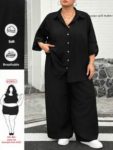 SHEIN CURVE+ 女士休闲两件套，纯色翻领单排扣休闲通勤衬衫和高腰宽松阔腿裤套装 - 黑色 - 查看 1