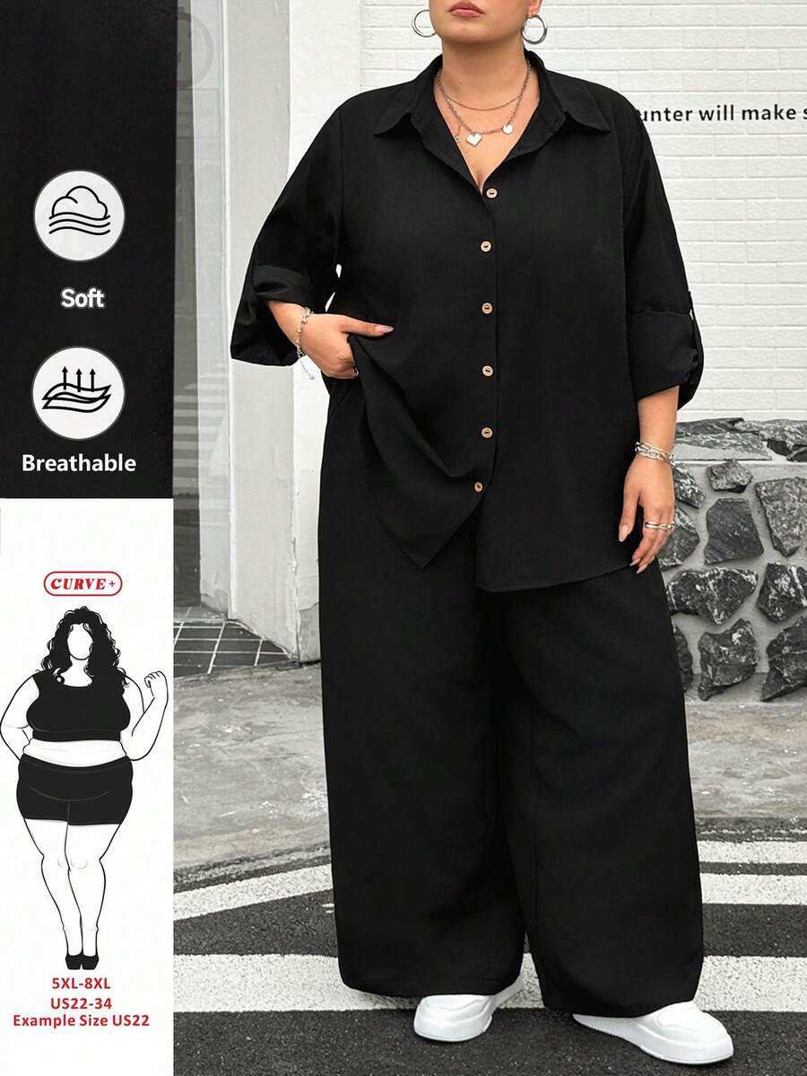 SHEIN CURVE+ 女士休闲两件套,纯色翻领单排扣休闲通勤衬衫和高腰宽松阔腿裤套装 - 黑色 - 查看 1