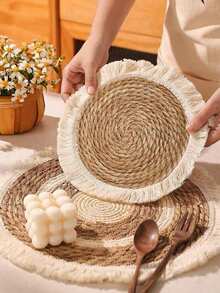1/4PCS Boho Handwoven Cattail Grass Round Tassel Table Placemats Heat Insulation Pads Tabletop Decor Coffee Coasters Non Slip Washable For Kitchen Dining Home Living Room Boho Kitchen Decor - Ginger - View 1